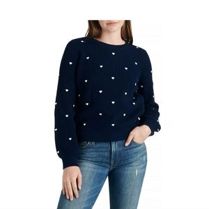 Lucky Brand - Women's Navy Blue Embroidered Heart Ribbed Sweater - Small Petite